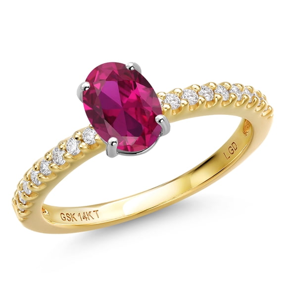 Gem Stone King 14K Two Tone Gold Red Created Ruby and Lab Grown Diamond Engagement Ring for Women | 1.01 Cttw | Oval 7X5MM | Gemstone July Birthstone | Size 8