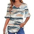 thumbnail image 2 of ZQUUVOU Womens T-Shirts Boho Printed 3/4 Sleeved V-Neck Ruffle Casual Tops(E-Blue,2XL), 2 of 5