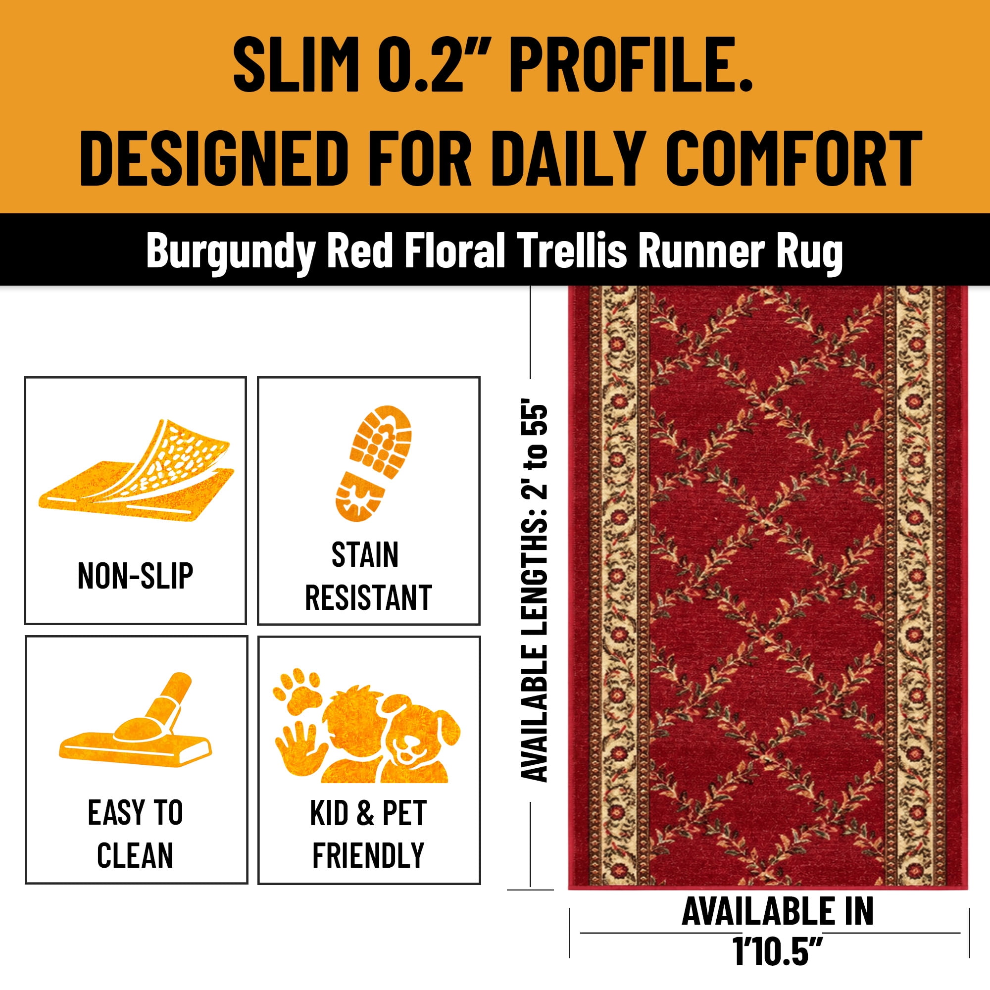 Ottomanson Extra Long Runner Rug 1'10.5" x 13' – Non-Slip Low Pile Hallway Carpet, Trellis Burgundy Red