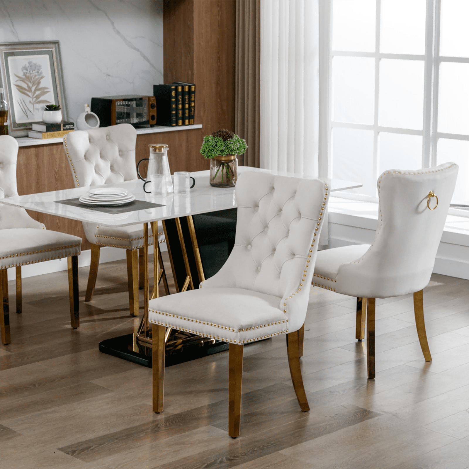 Dining Room Chairs with Velvet Fabric Dining Chairs with Golden Stainless Steel Plating Legs, Backrest and Button Velvet Fabric Design,Luxury Home Furniture for Dining Room(Beige Set of 6)