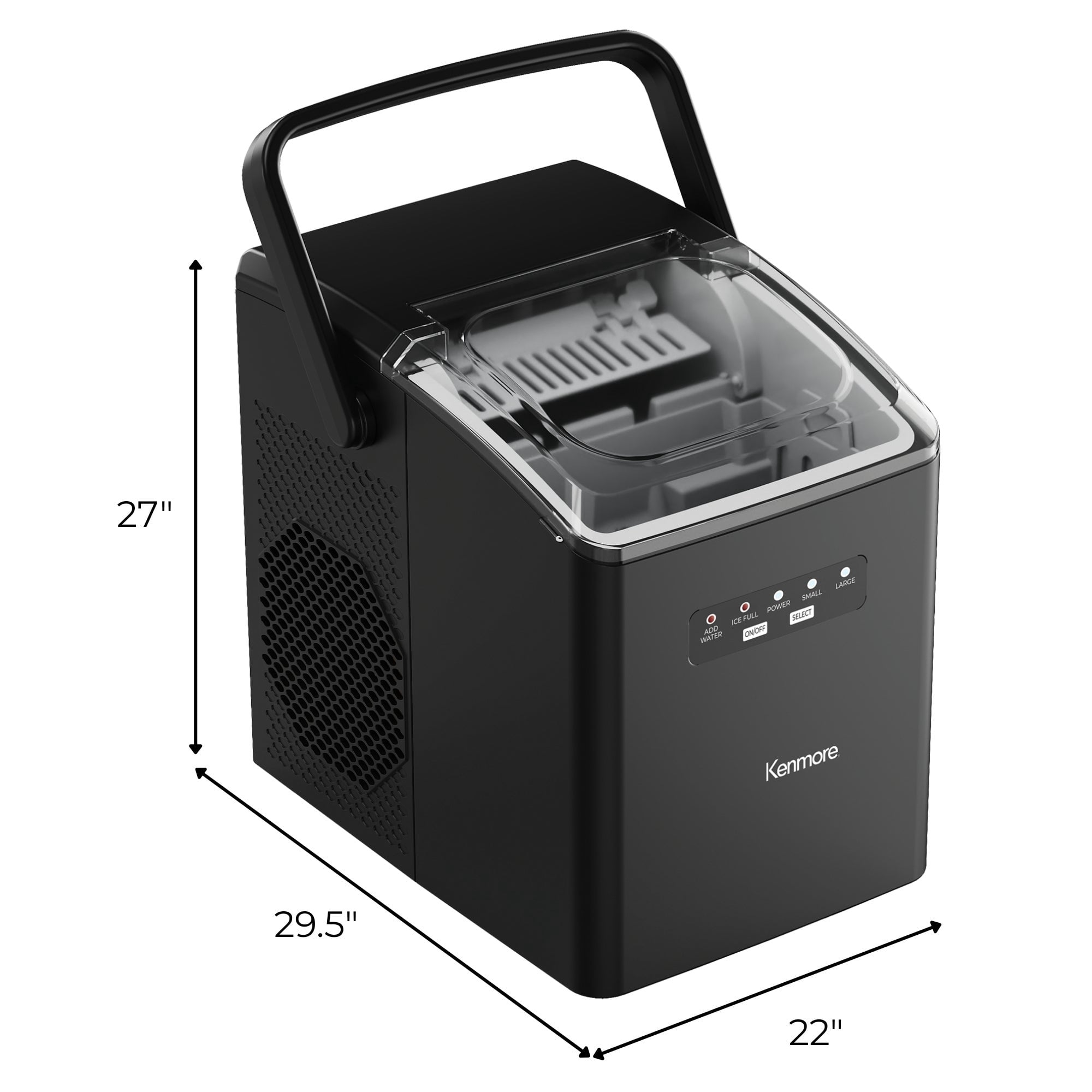 Kenmore Portable Countertop Bullet Ice Maker, 26 lb Ice per Day, Fast Ice in 6–7 Minutes, Two Sizes, Self-Cleaning Ice Machine with Scoop and Basket for Home, Office or RV, Black
