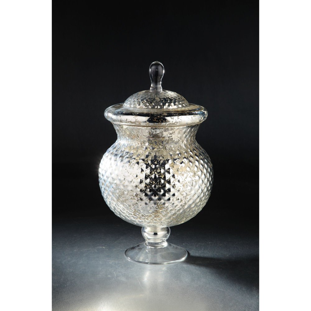 16.5" Silver Diamond Pattern Glass Jar with Finial Lid