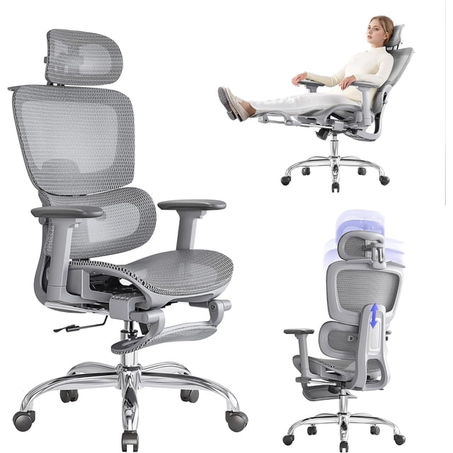 Office Chair with Footrest Ergonomic Chair with Headrest Computer Chair with Adjustable Backrest &; Armrest Gaming Chair with Adaptive Lumbar Support Mesh Backrest &; Cushion