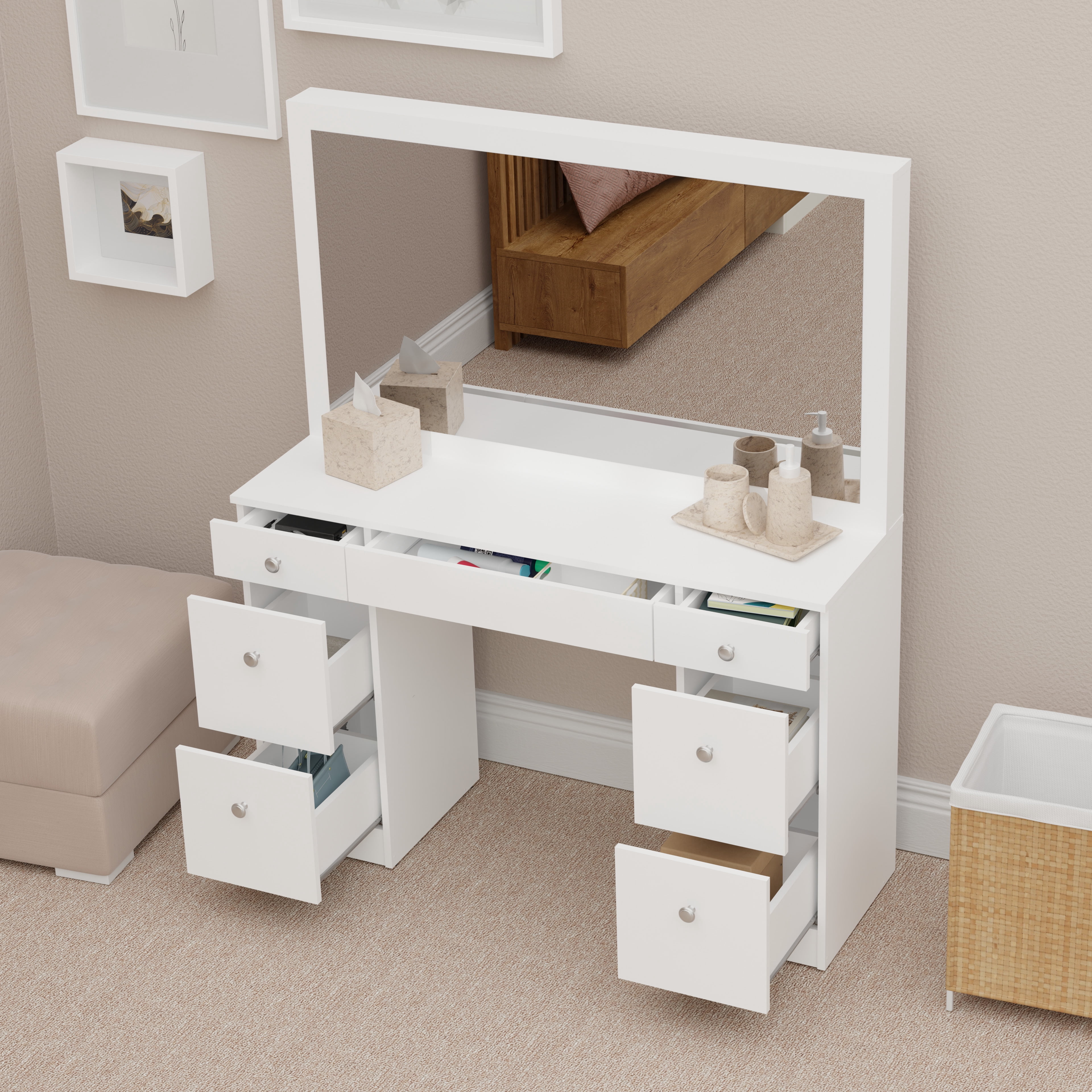 Kappesberg Aspen 7-Drawer Vanity Table - Design and Functionality for Your Bedroom, for Adults and Teens.