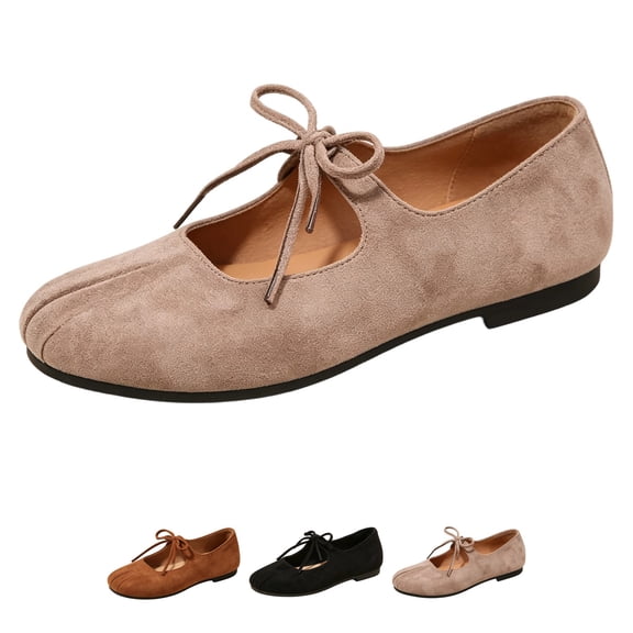 Nestiefly Lace Up Ballet Flats For Women Mary Jane Round Toe Faux Suede Shoes Slip On Low Heel Arch Support Casual Sneakers Khaki US-6.5