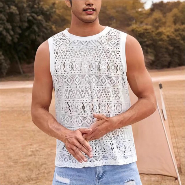Camiseta de tirantes de cuello redondo para hombre, de verano, calada, para fitness, sin mangas, musculosa, de malla, transpirable, de punto, con cuello redondo.