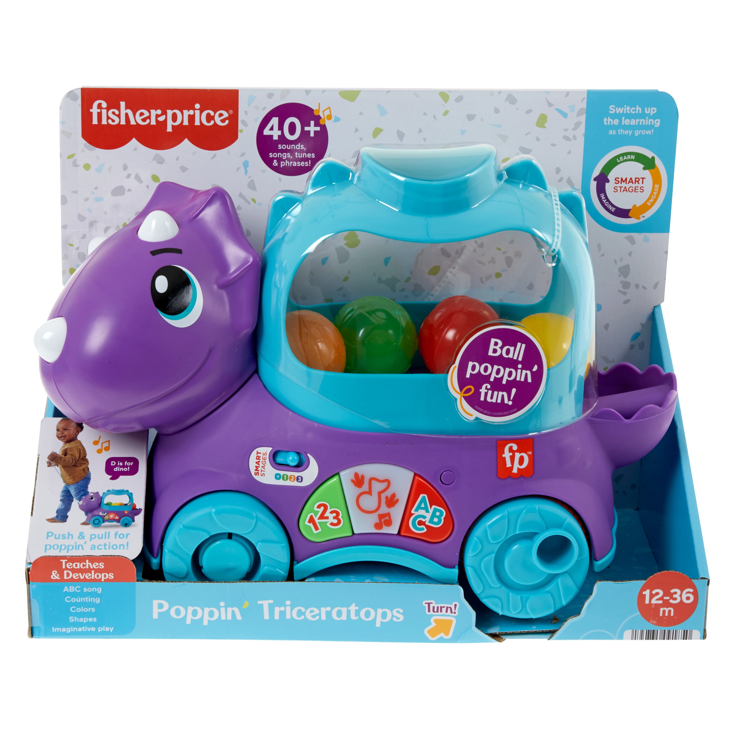 Fisher-Price Poppin’ Triceratops Dinosaur Interactive Musical Learning Toy for Toddlers, 4 Balls