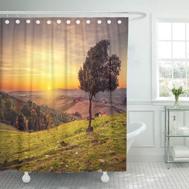 ABPHQTO Vista panorámica de la campiña de la Toscana Lonely Windy Olive Tree Rolling Hills Juego de cortinas de ducha de baño impermeables 165x180 cm ABPHQTO PKNMT66x72Shower-9643