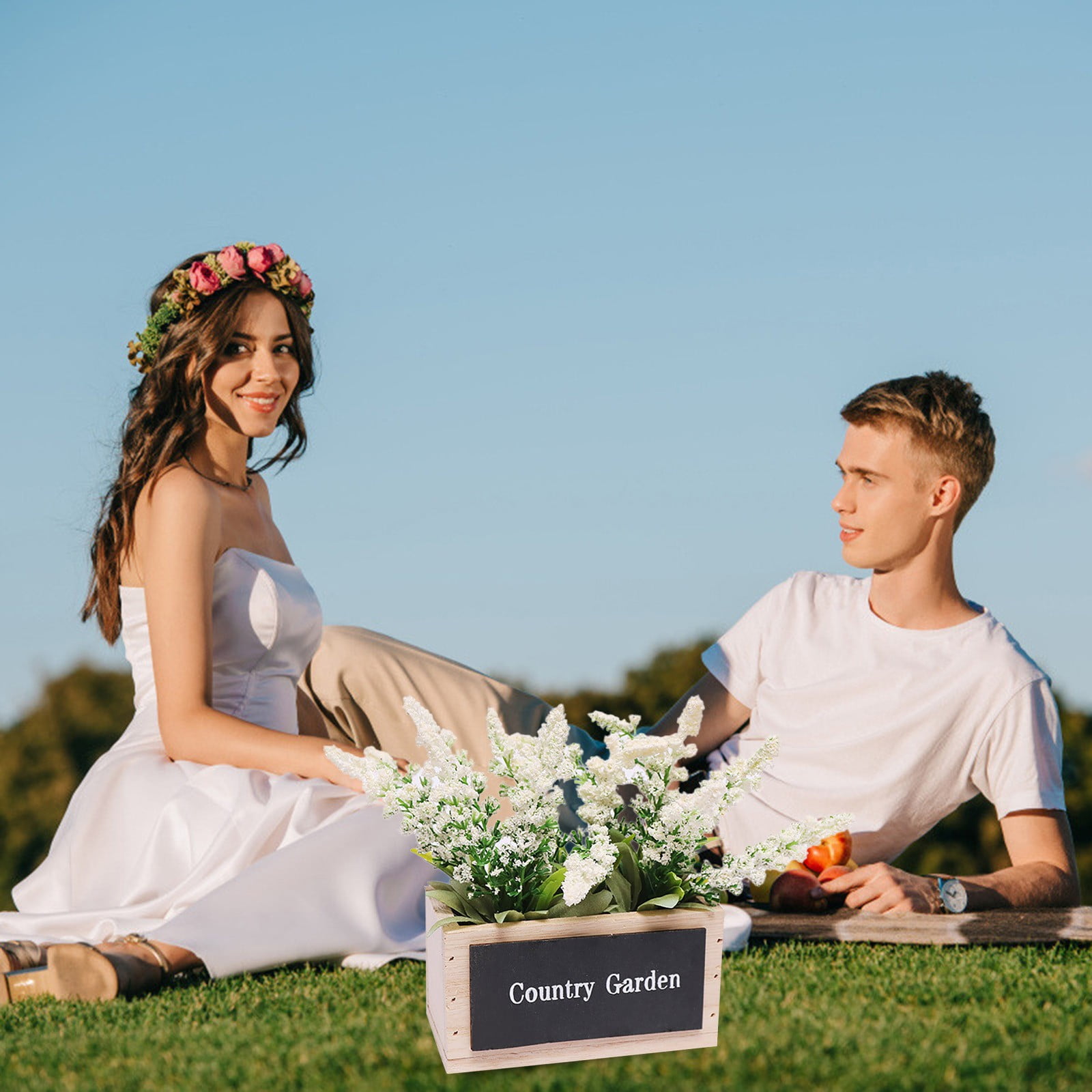 Uutvmp Artificial Lavender Flower in Wooden Box, Fake Floral Bouquet, Potted Artificial Flowers Plant in Wooden Vase for Indoor Outdoor Home Decoration