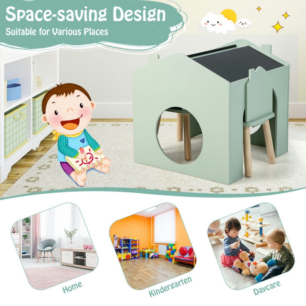 Resenkos 3 Pieces Wooden Kids Table and Chair Set-Green, Small Folding Table for Arts & Crafts, Snack Time, Homeschooling, Homework
