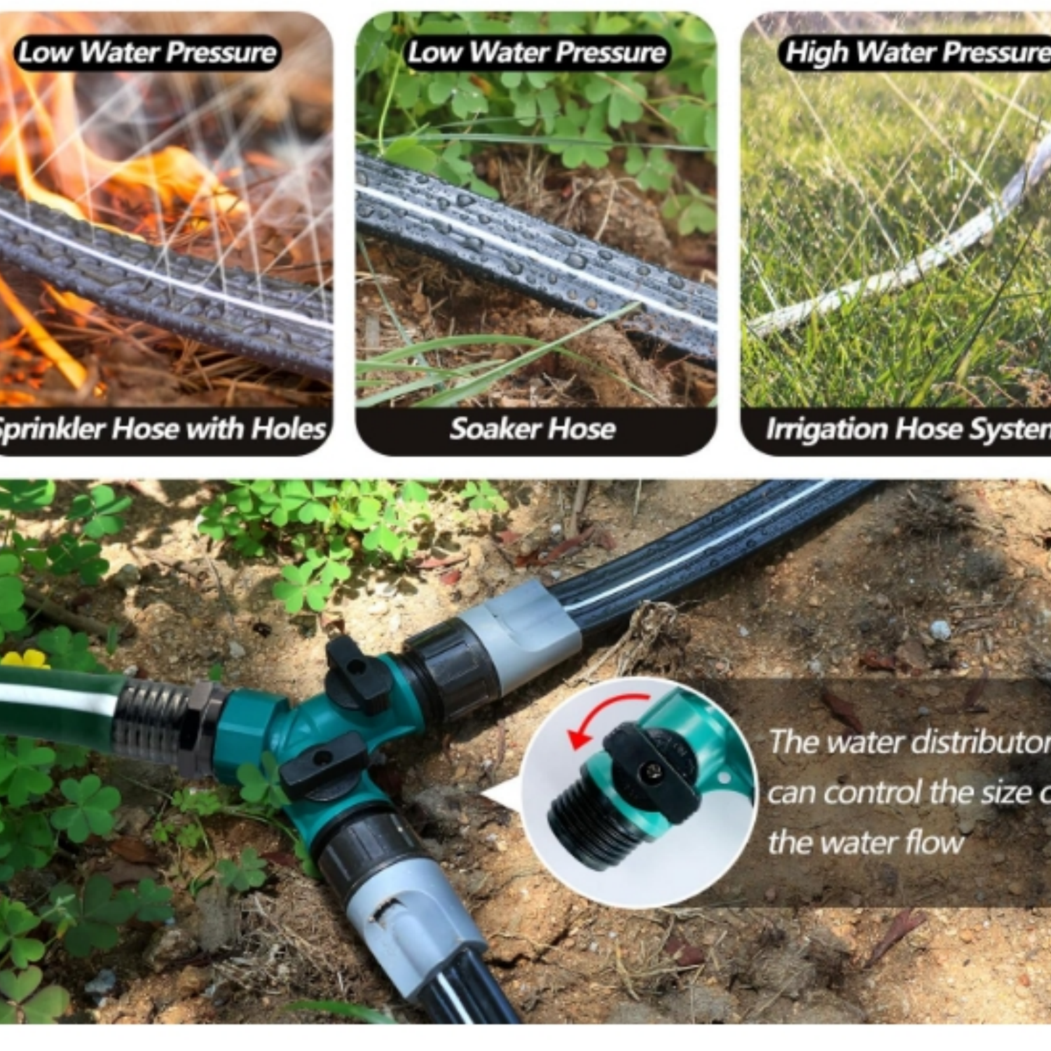 Hose with Holes, Flat Soaker Hose 100 Ft (25 ft 4pack) with Garden Staples and Splitters, Watering Drip Irrigation Hoses for Lawn, Vegetable and Garden Beds