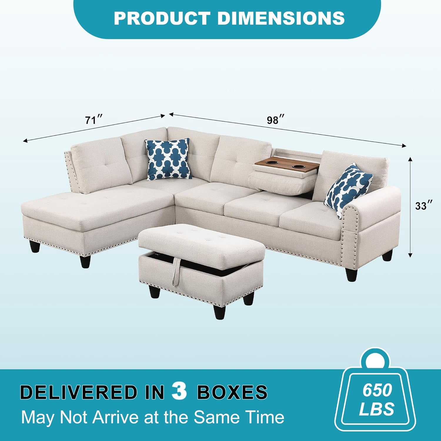 AENKYO 98" L-Shaped Sectional Sofa with Reversible Chaise, Storage Ottoman & Cup Holders, Faux Leather, Beige