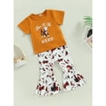 thumbnail image 3 of Sunloudy Toddler Girls Summer Outfit, Short Sleeve Cattle Head Print Tops + Geometric Pattern/Cow Print Flared Pants, 3 of 9