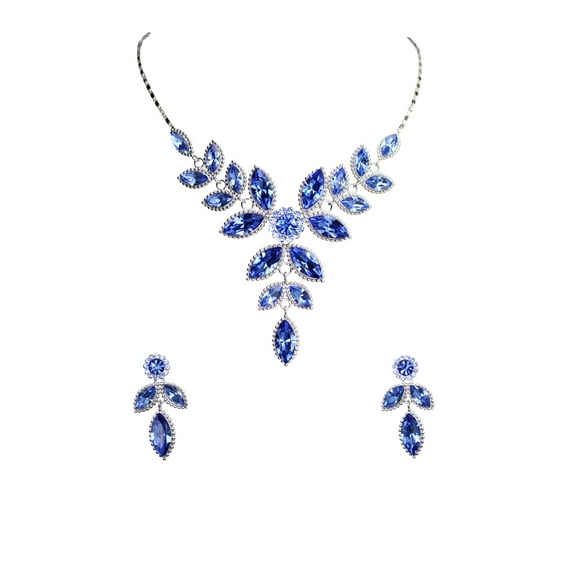 Faship Gorgeous Blue Rhinestone Crystal Floral Necklace Earrings Set