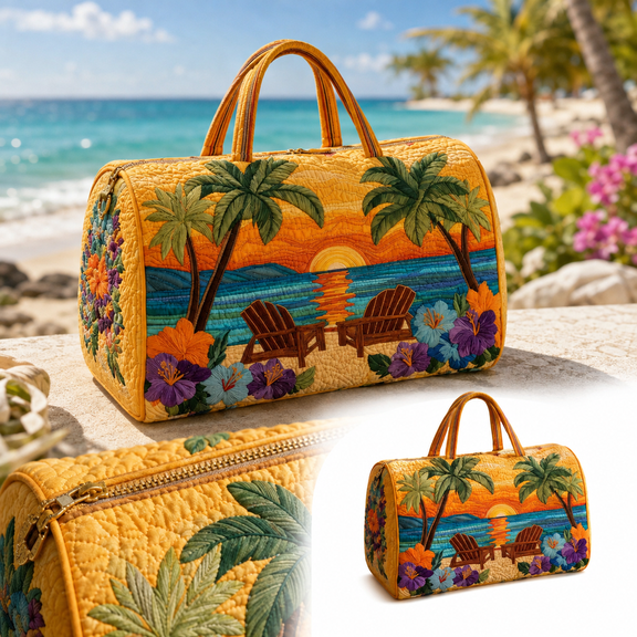 Quilted Travel Duffel Bag Gym Tote Style A, Embroidered Carryall with Roomy Storage and Carry Handles for Weekend Trips, 16 x 8 x 8 in