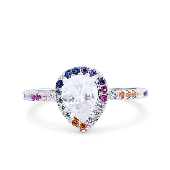 Simulated Cubic Zirconia Size-5 Teardrop Pear Art Deco Halo New Design Multi Color Wedding Bridal Ring 925 Sterling Silver