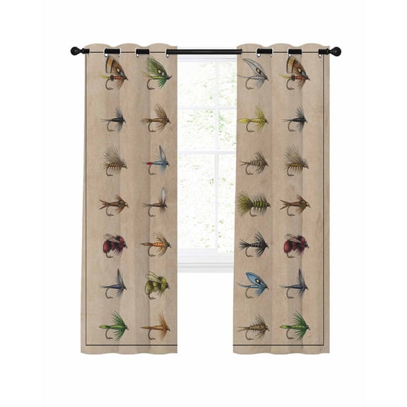 Ocean Fishhooks Blackout Curtains, Light Blocking Print Window Curtains, Vintage Coastal Fishing Pattern Brown Thermal Insulated Window Drapes for Living Room Kitchen Cafe 2 Panels, 104"W x 63"L