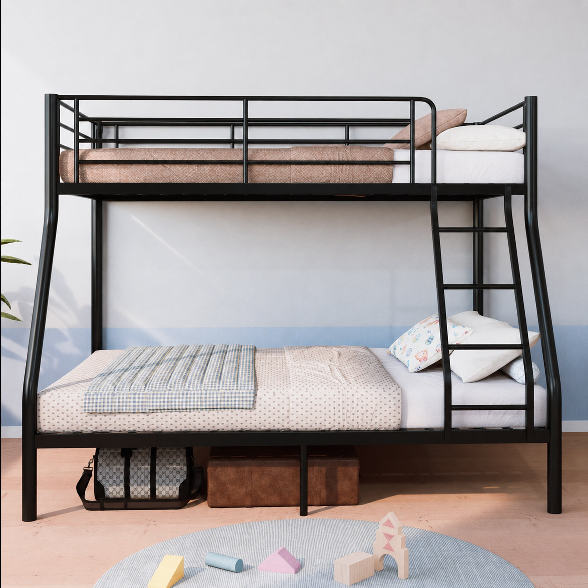 Alvantor Twin over Full Metal Bunk Bed with 990 lb Bottom Capacity, Guardrails, Black