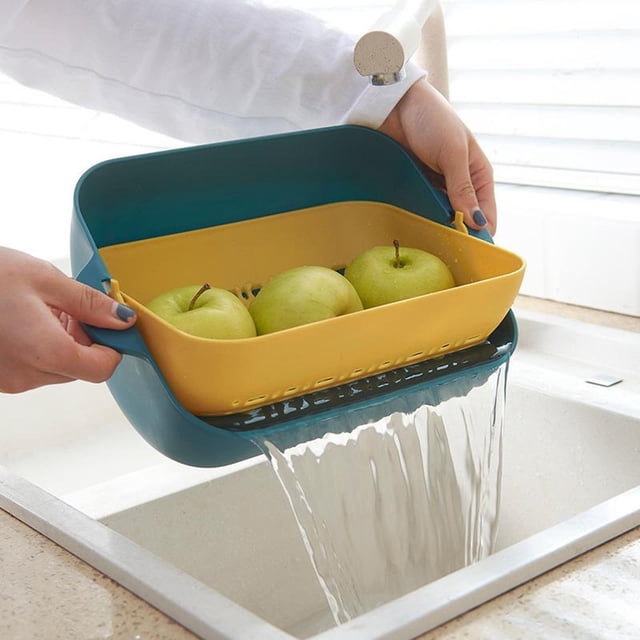 Juego de cocina multifunción 2 en 1 Macarena Cuenco de filtro de drenaje giratorio de doble canasta Azul