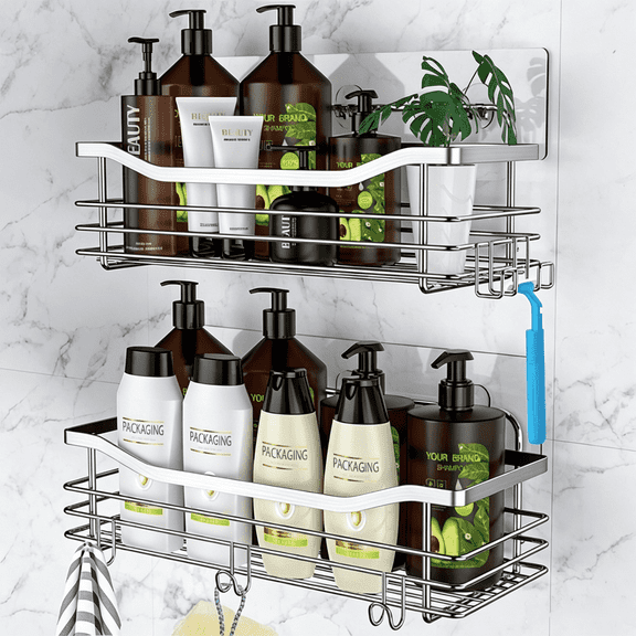 2-Pack No-Drill Self-Adhesive Shower Wall Organizer - Waterproof Wall-Mounted Storage Caddy for Bathroom, Toilet, and Kitchen Toiletries