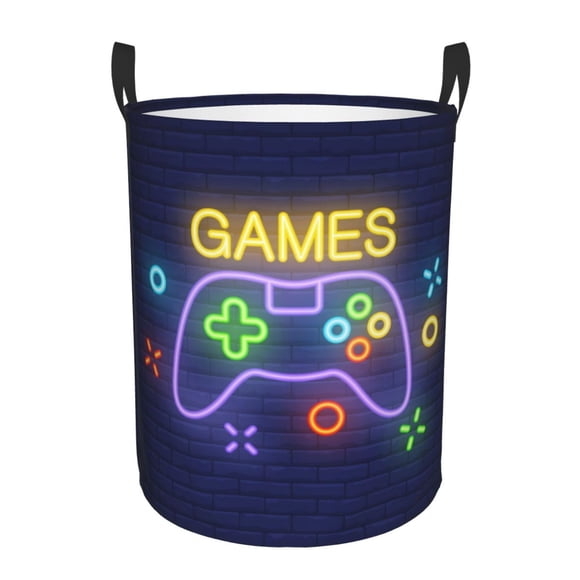DouZhe Waterproof Collapsible Large Laundry Baskets, Neon Game Controller Games Zone Prints Circular Hamper with Handles