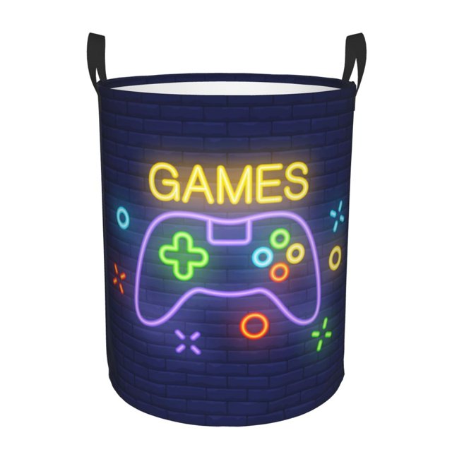 DouZhe Waterproof Collapsible Large Laundry Baskets, Neon Game Controller Games Zone Prints Circular Hamper with Handles