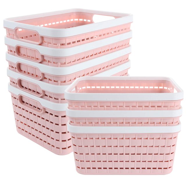 8 Pack Panier de Rangement en Plastique 9.2 x 6.8 x 4.7 Pouces Acrux7 Panier de Réfrigérateur de Cuisine Portable en Plastique Tressé Boîte de Rangement de Bureau pour Cuisine Salle de Bain et Armoire (Rose)