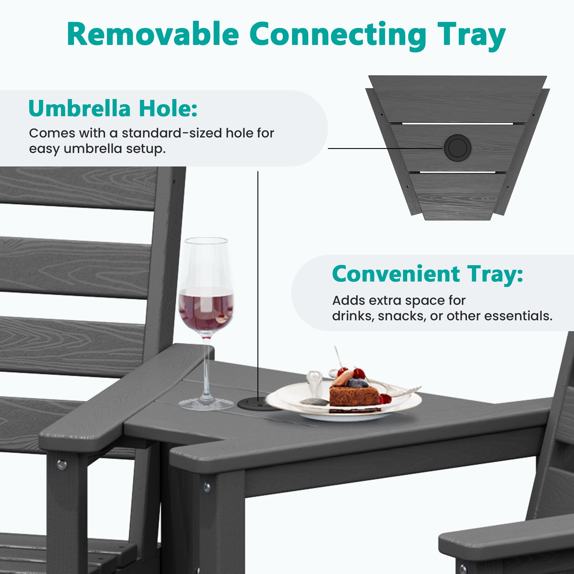 LOYALICE Balcony Chair Set of 2, Outdoor Adirondack Barstools with Connecting Tray, Gray
