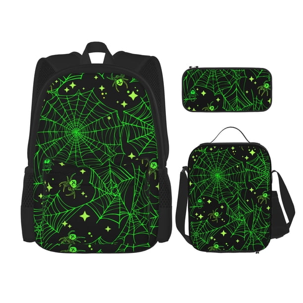 Disketp Green Bright Web with Spiders Mochila Estampada de Gran Capacidad con Lonchera y Estuche, Set de 3 Piezas para Estudiantes