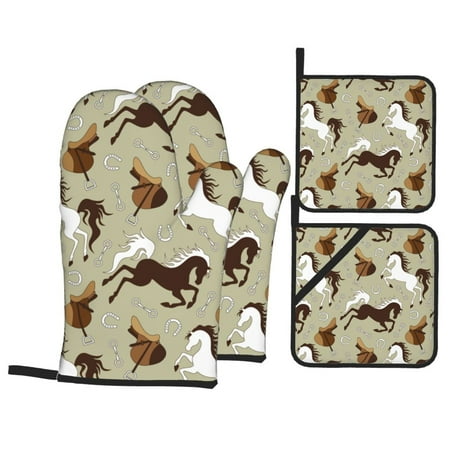 

Oven Mitts and Pot Holders 4 Piece Minimalist Cool Horse Saddle_A High Heat Slip Resistant Oven Mitt and Trivets Set Kitchen Oven Glove Pot Holders for Cooking Baking Grilling