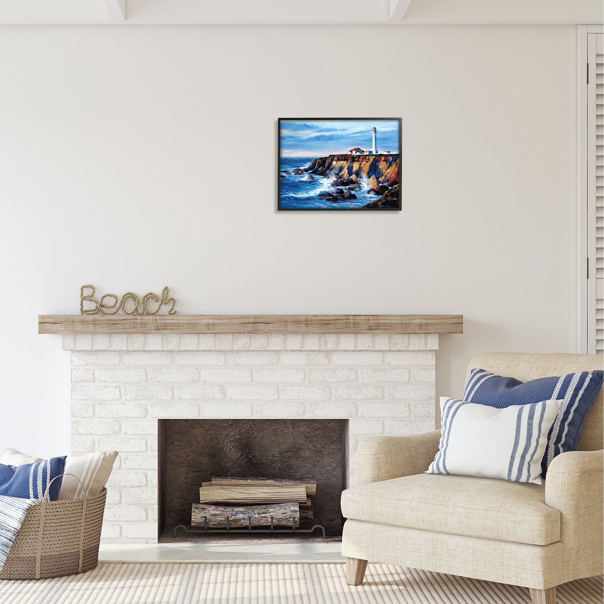 Stupell Industries Lighthouse on Sea Cliff Nature Painting Black Framed Art Print Wall Art, 20 x 16