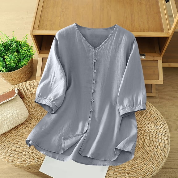 HongQid Womens 3/4 Sleeve Button Down Cotton Linen Shirt Blouse Loose Fit Casual Summer V-Neck Tops