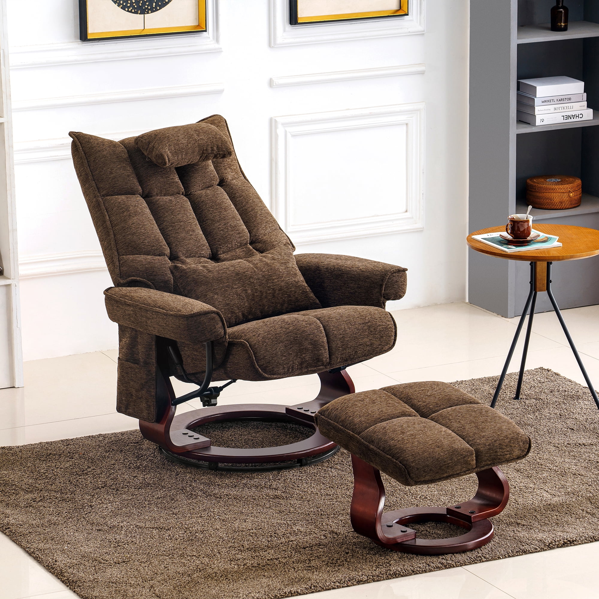 Mcombo Swivel Recliner with Ottoman, Massage TV Chairs with Neck Pillow and Side Pocket for Living Reading Room, Chenille Fabric 4188