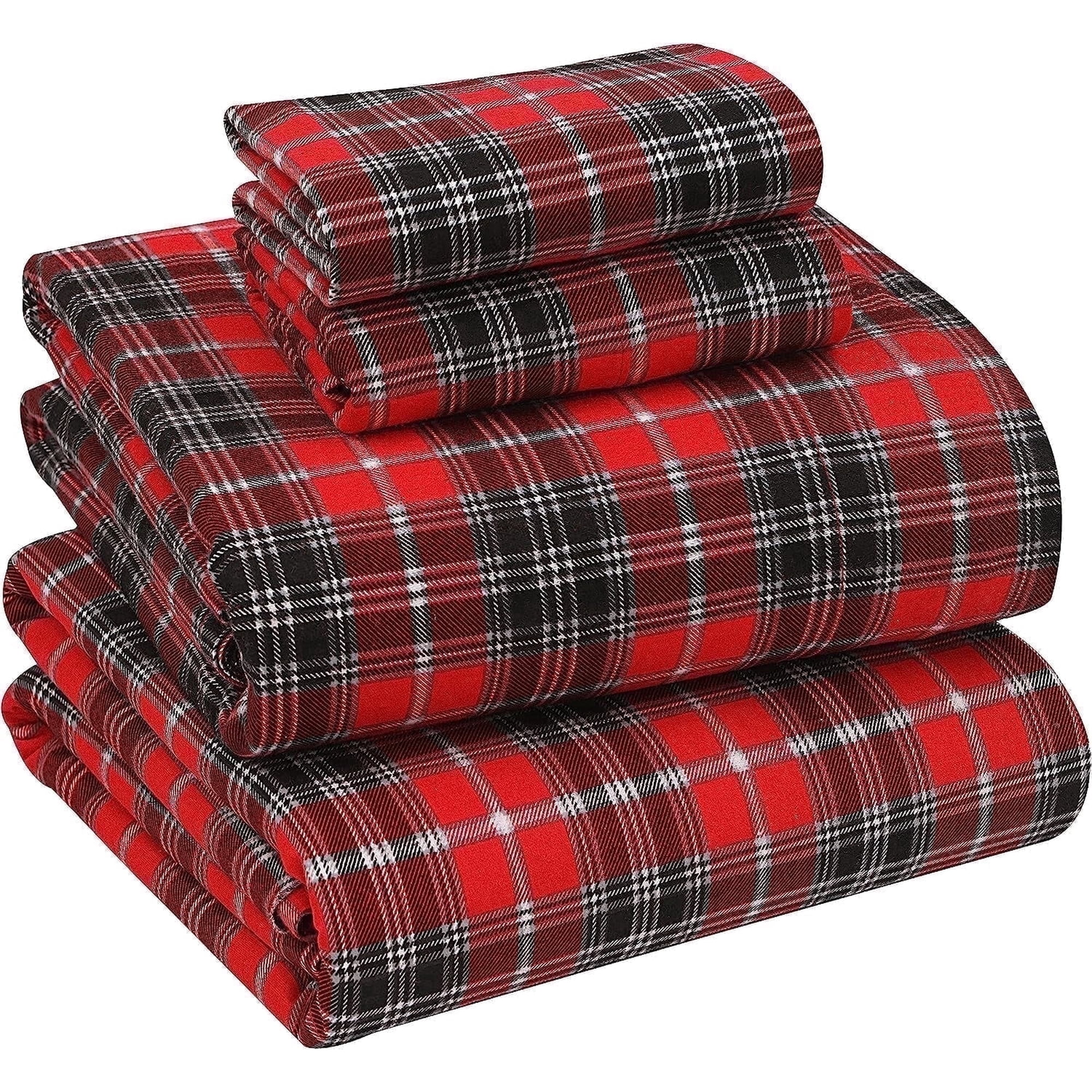 RUVANTI Flannel Sheets Queen Size - 100% Cotton Double Brushed Bed Sheets, Deep Pockets 16 Inches Queen Sheet Set, All Seasons Breathable & Extra Soft - Warm & Cozy, 4 Piece, Red Plaid