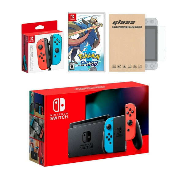 Nintendo Switch Red/Blue Joy-Con Console Bundle with an Extra Pair of Neon Red/Blue Joy-Con, Pokemon Sword, and Mytrix Tempered Glass Screen Protector