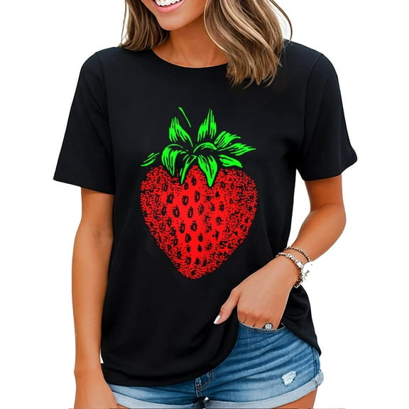 Women's T-shirt Dabbing Strawberry Summer Fruit Love Strawberries Shirt Top Black X-Large