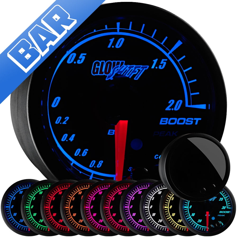 GlowShift Black Elite 10 Color 2.0 BAR Electronic Boost / Vacuum Gauge