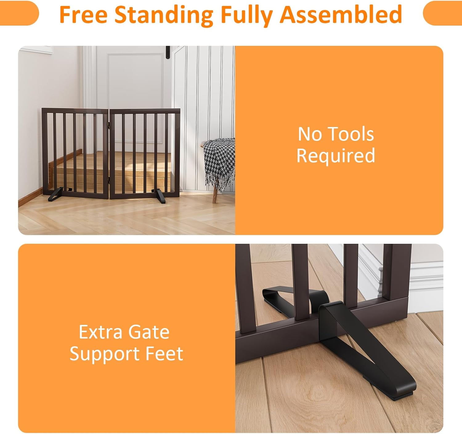 Smart FENDEE Bamboo Dog Gates for Doorways Freestanding Pet Gate, 2 Support Feet, 24"H, Brown