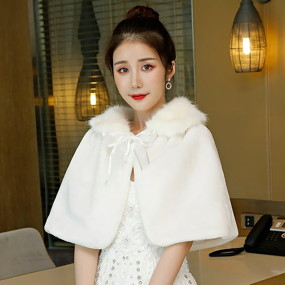 ELAYARD White Bridal Cape Shawl for Wedding Dress, Elegant Warm Wool Wrap for Women, Wedding Accessories