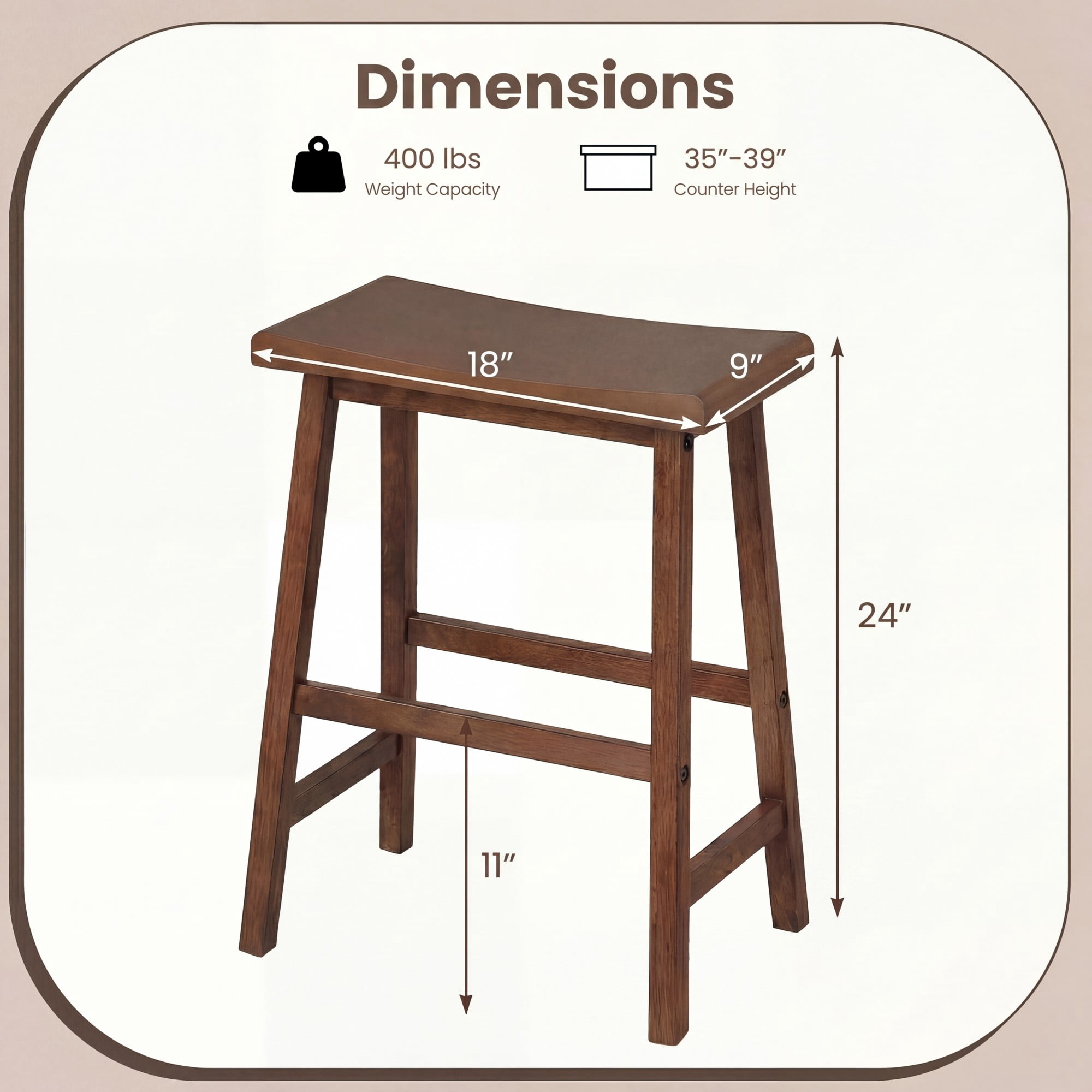 ELLEGNT 2 PCS Solid Wood Saddle Bar Stools - Backless with Footrests, Wooden Counter Stools Brown