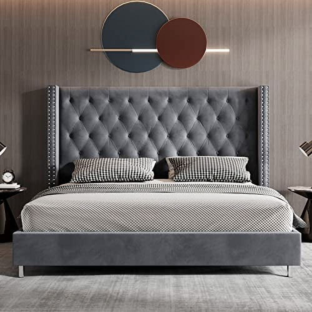 VanAcc Queen Upholstered Platform Bed Frame with Button Tufted Wingback Headboard, Velvet,Grey