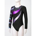 thumbnail image 5 of iEFiEL Girls Gymnastics Leotard Shiny Rhinestone Long Sleeve Colorful Print Bodysuit Dance Costume Black&Purple 4, 5 of 7