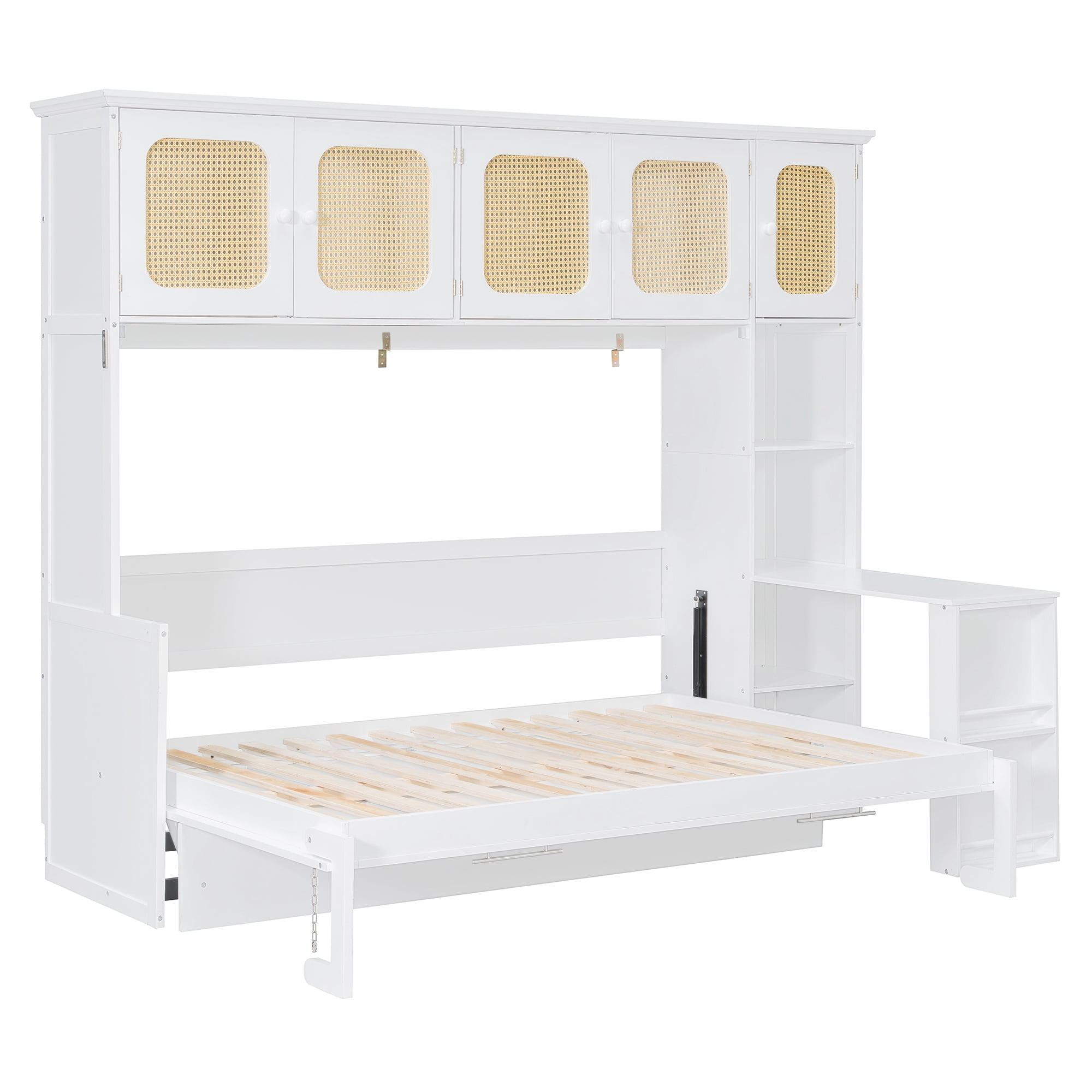 Mintazer Full Size Rattan Murphy Wall Bed with Desk & Side Bookshelf, Folding Bed with 5 Rattan Storage Cabinets for Guest Room Apartment, White