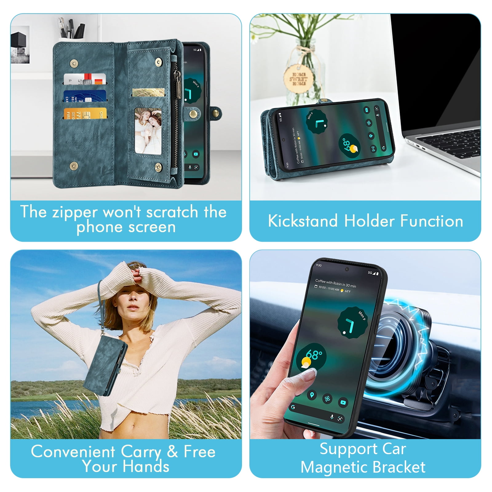 Asuwish Compatible with Google Pixel 6A 5G 2022 Phone Case Zipper Wallet Detachable Tempered Glass Screen Protector Crossbody Lanyard Strap Flip Card Holder Cell Cover for Pixel6A A6 Women Girls Blue