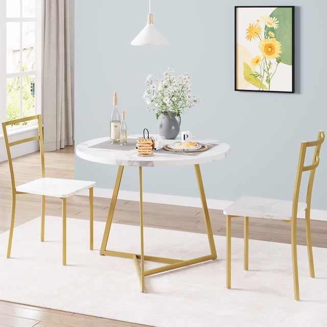 Dining Table Set for 2, Round Kitchen Table and Chairs for 2, Modern Dining Room Table Set with 2 Metal and Wood Chairs, Kitchen Table Set for Small Space, Apartment, Marble White and Gold