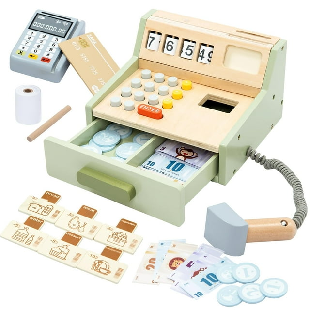 Caja registradora de juguete de madera JugueLand con escáner y set de juego