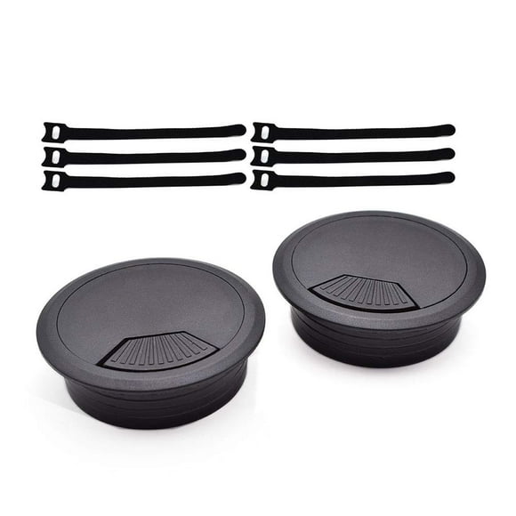 2 Inch (50mm) Black Wire Grommets and Cable Ties Kit ABS Plastic Desk Hole Cover Cord Organizer for Computer Desk Cabinet (2pcs Desk Grommets + 6pcs Reusable Ties)