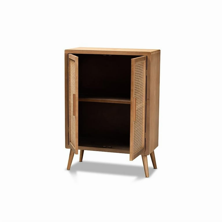 Alina Mid-Century Boho Medium Oak Finished Wood and Rattan 2-Door