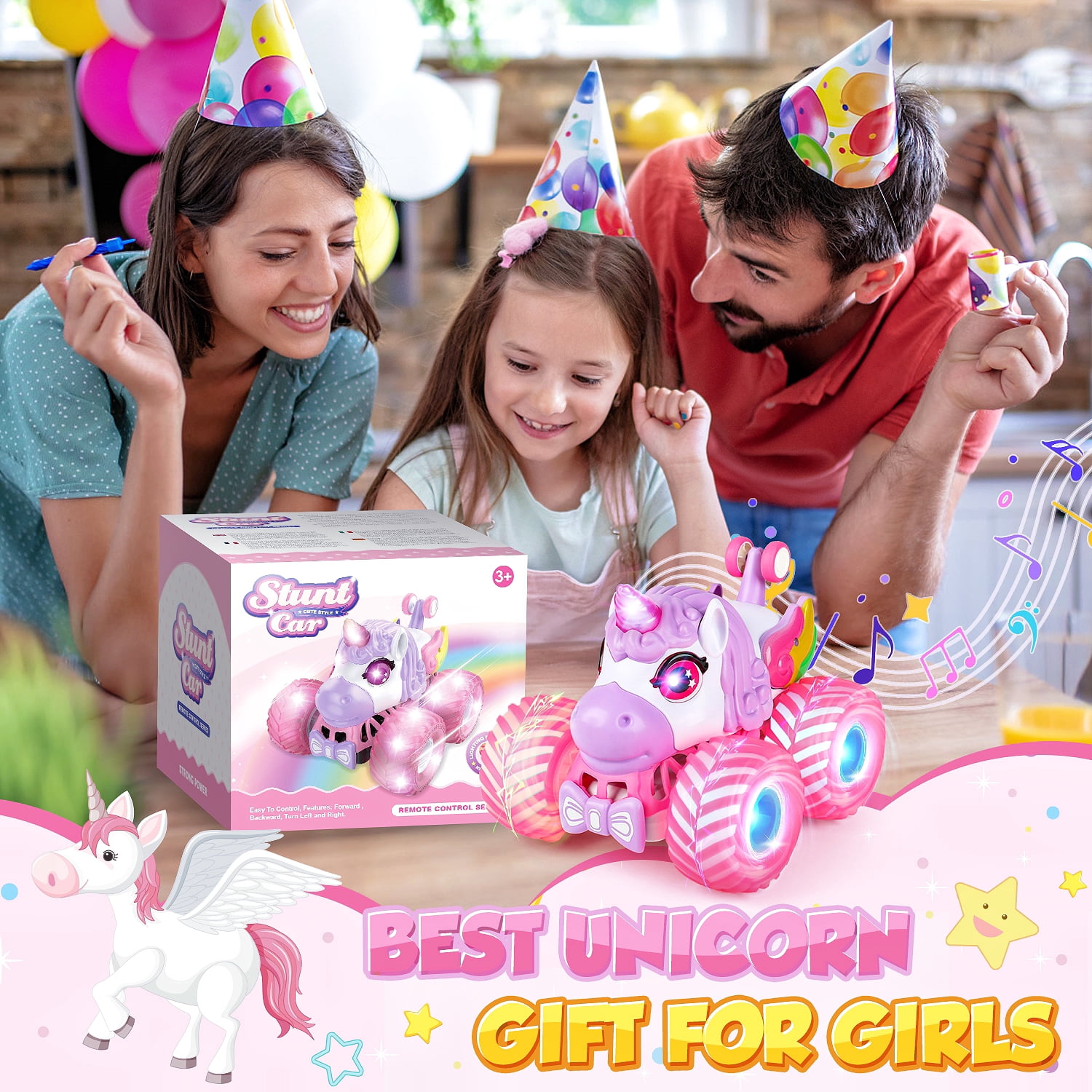 Carsky Unicorn Remote Control Car for Girls 3-8, Rechargeable RC Toy w/ Lights&Music, Indoor Outdoor Gift for Kids 3+