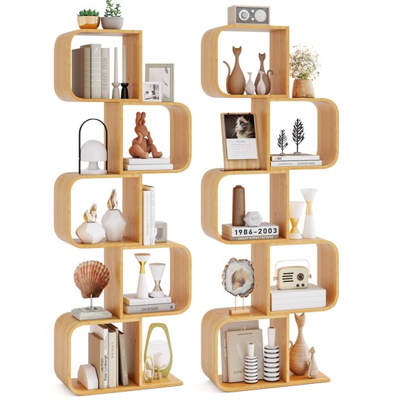 Gymax 2PCS 5-Tier S-Shaped Bookcase w/ 5 Open Cubes Geometric Corner Display Shelf